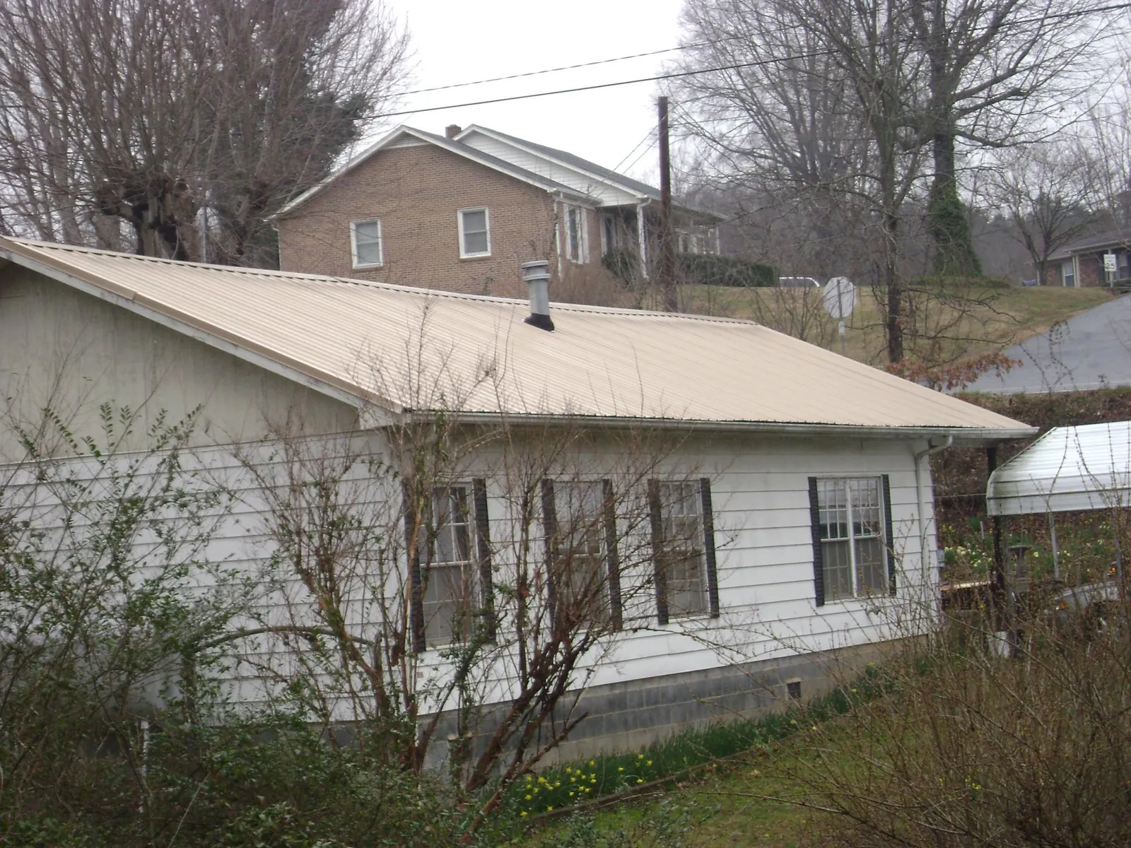 Tan metal roof on a white sided house set into a hillside — Commercial Roofing by Roofing Brothers in Oakton